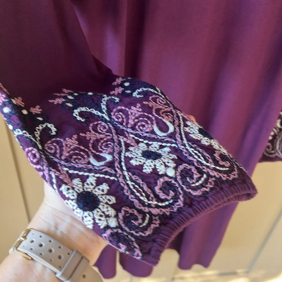J. Jill Sz M Like New Dark Plumb Shift Midi Dress Embroidered Boho Long Sleeves - Picture 4 of 9